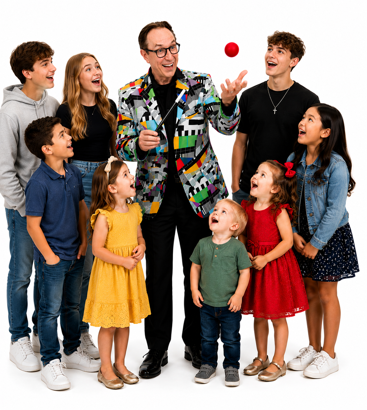 Magician performing with a group of children at a birthday party